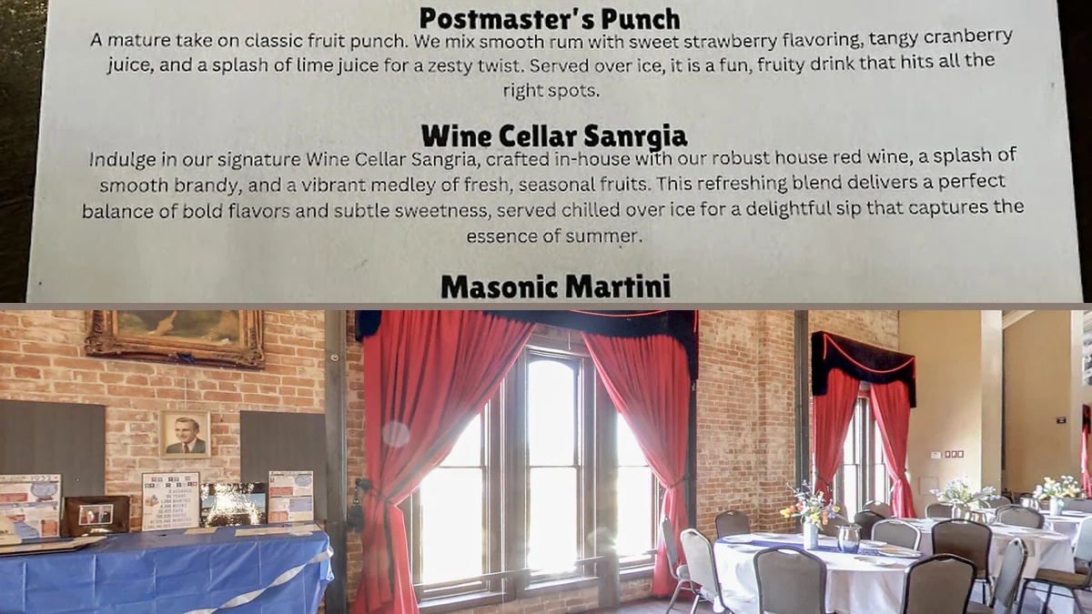Warm dining room inside a historic building.
