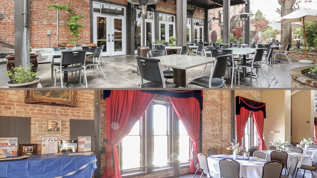 Warm dining room inside a historic building.