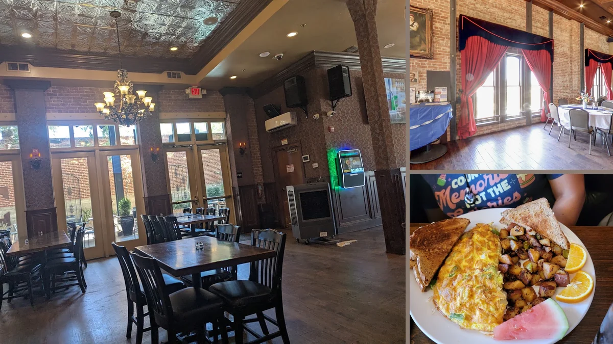 Casual restaurant space with a cozy, historic feel.